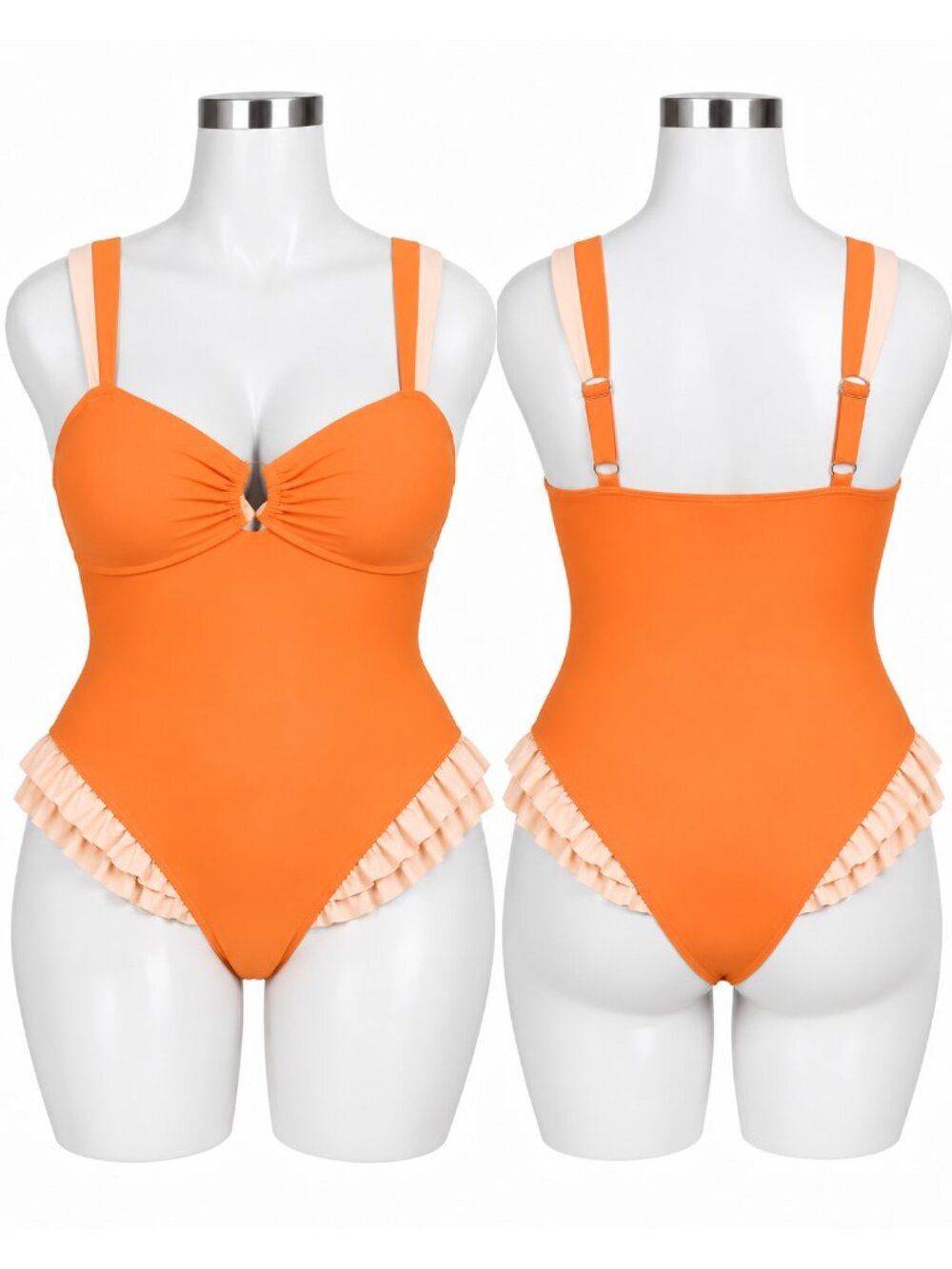 XL Orange Ruffle Color Block One Piece Swimsuit Sweetheart Neck  NWT